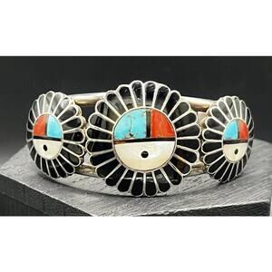 VTG ZUNI Sunface Cuff Bracelet Inlaid Turquoise Coral Mother Pearl Onyx